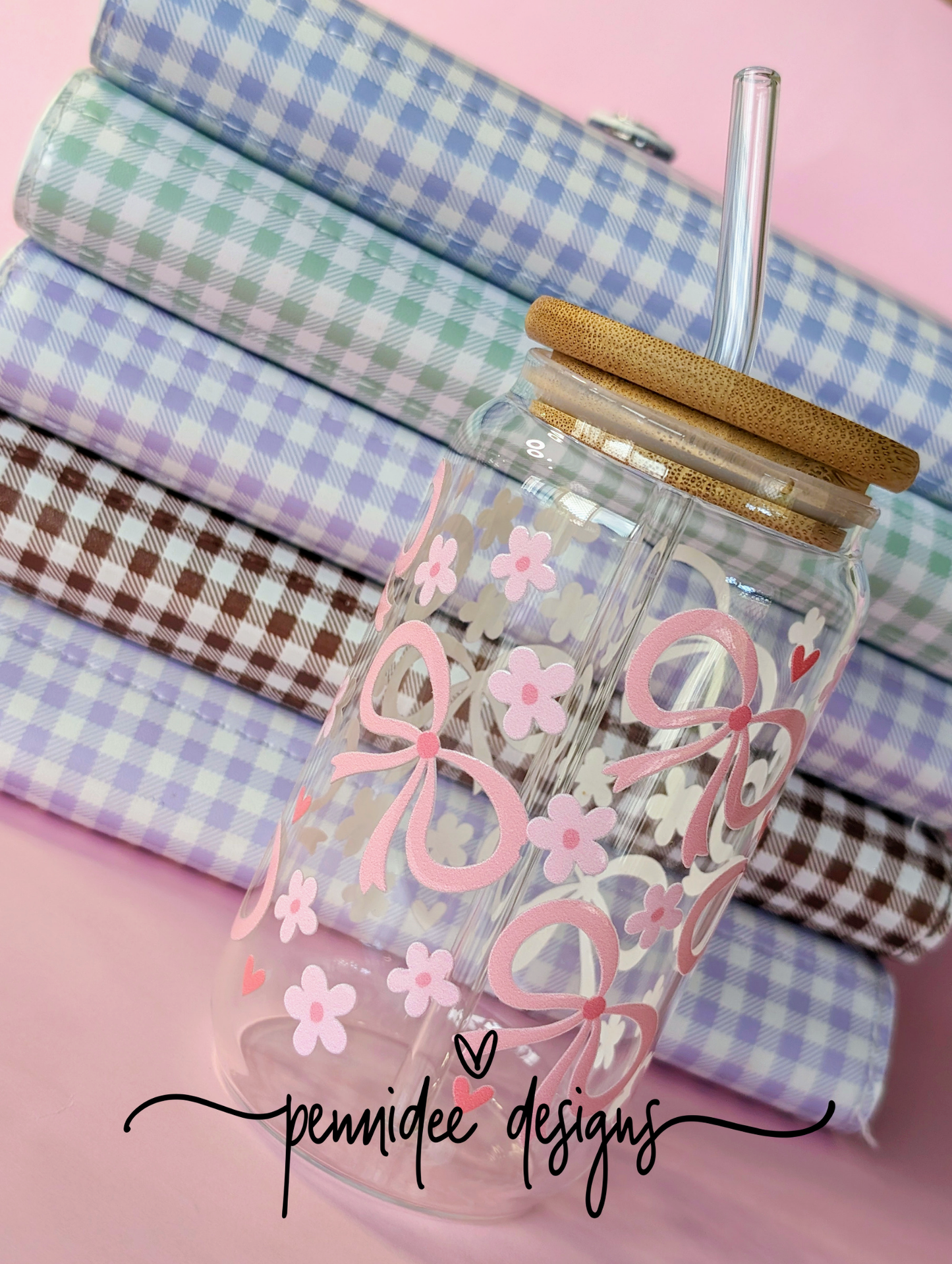 Pink Bows with Pink Flowers ~ 475ml (16oz) Libbey Glass Can