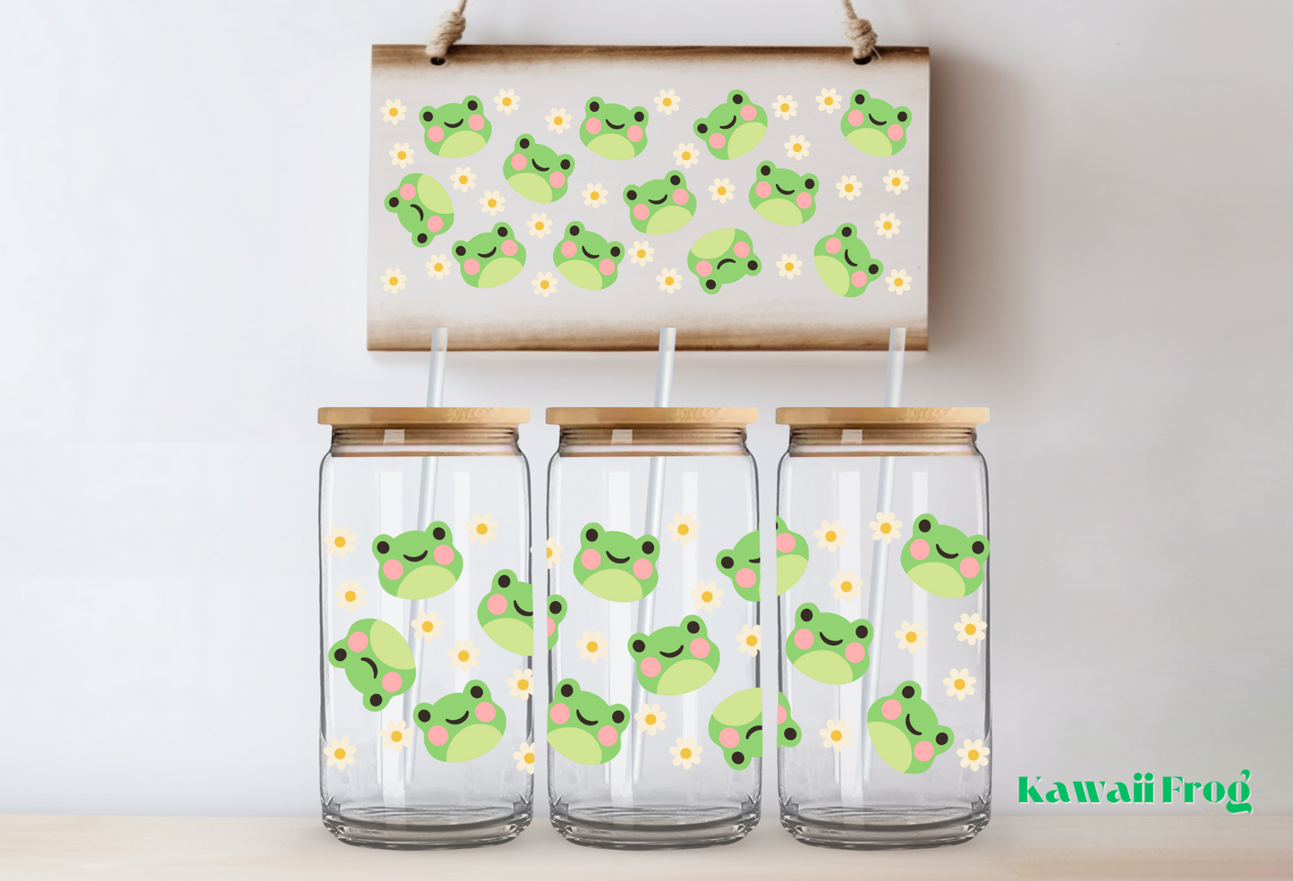 Kawaii Frog & Daisys ~ 475ml (16oz) Libbey Glass Can