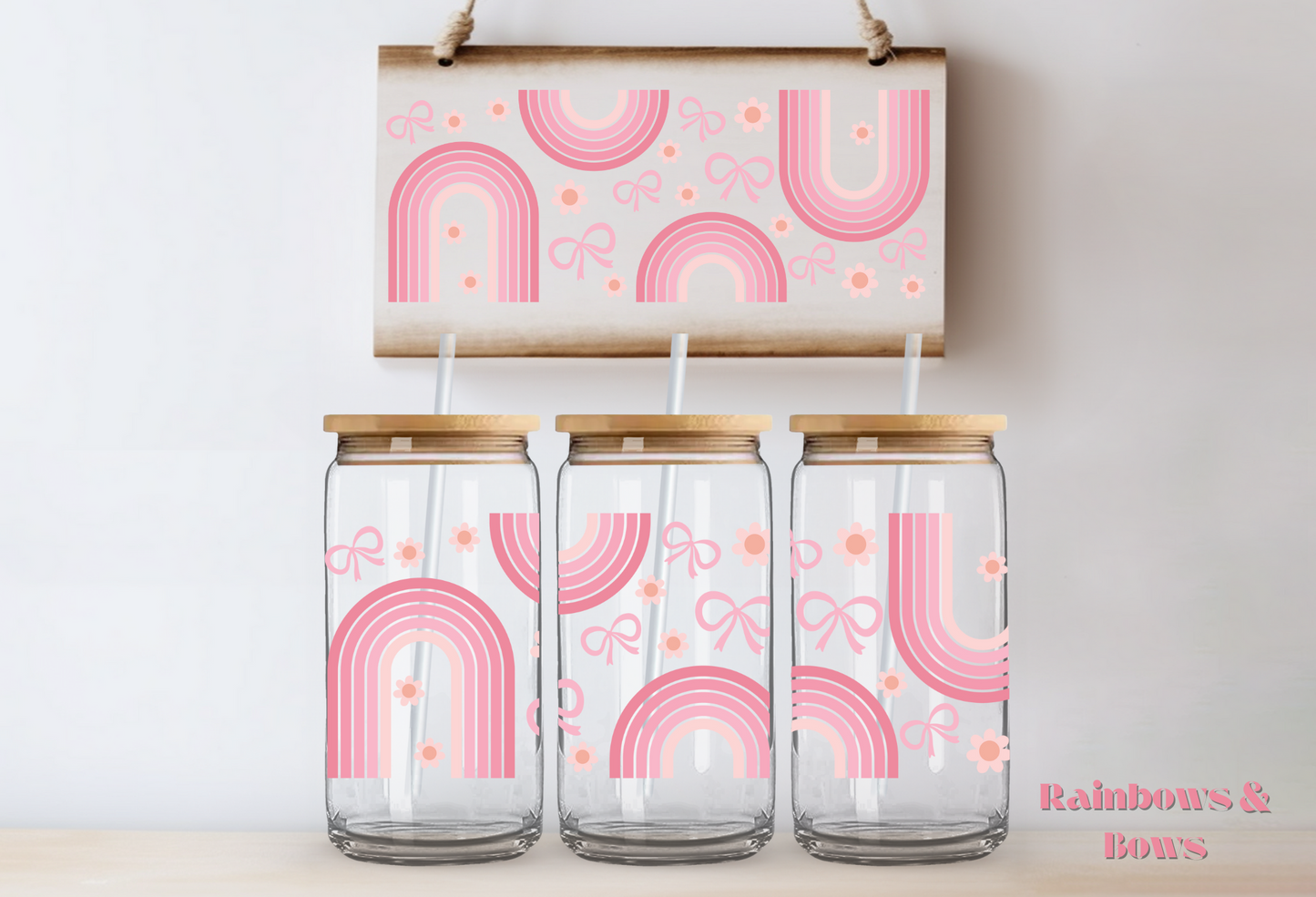 Pink Bows ~ Rainbows ~ Pink Flowers ~ 475ml (16oz) Libbey Glass Can