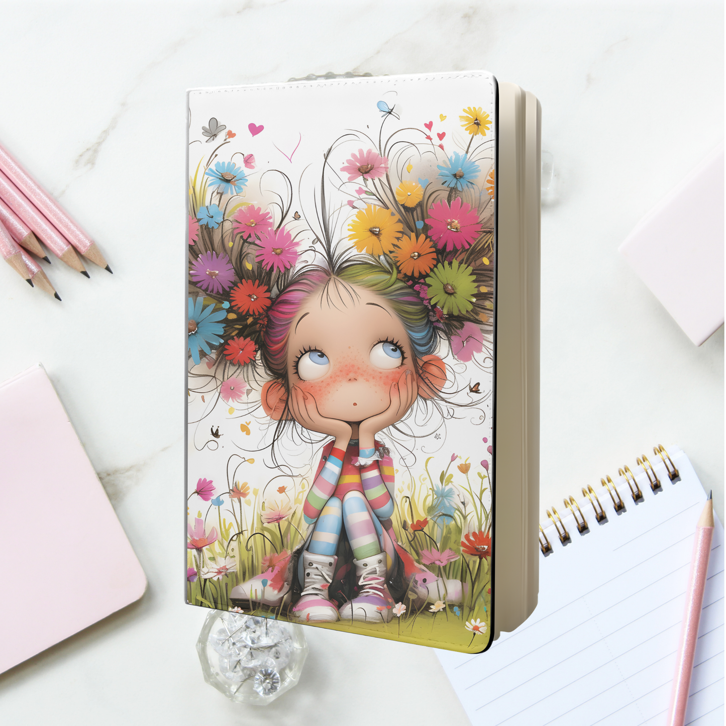 Notebook A5 - Quirky Girl in a Flower Garden