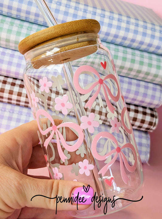 Pink Bows with Pink Flowers ~ 475ml (16oz) Libbey Glass Can