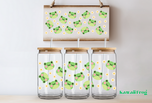 Kawaii Frog & Daisys ~ 475ml (16oz) Libbey Glass Can