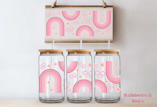 Pink Bows ~ Rainbows ~ Pink Flowers ~ 475ml (16oz) Libbey Glass Can