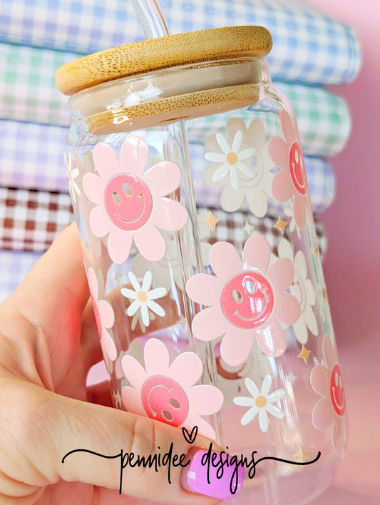 Smiling Flowers & Daisys ~ 475ml (16oz) Libbey Glass Can